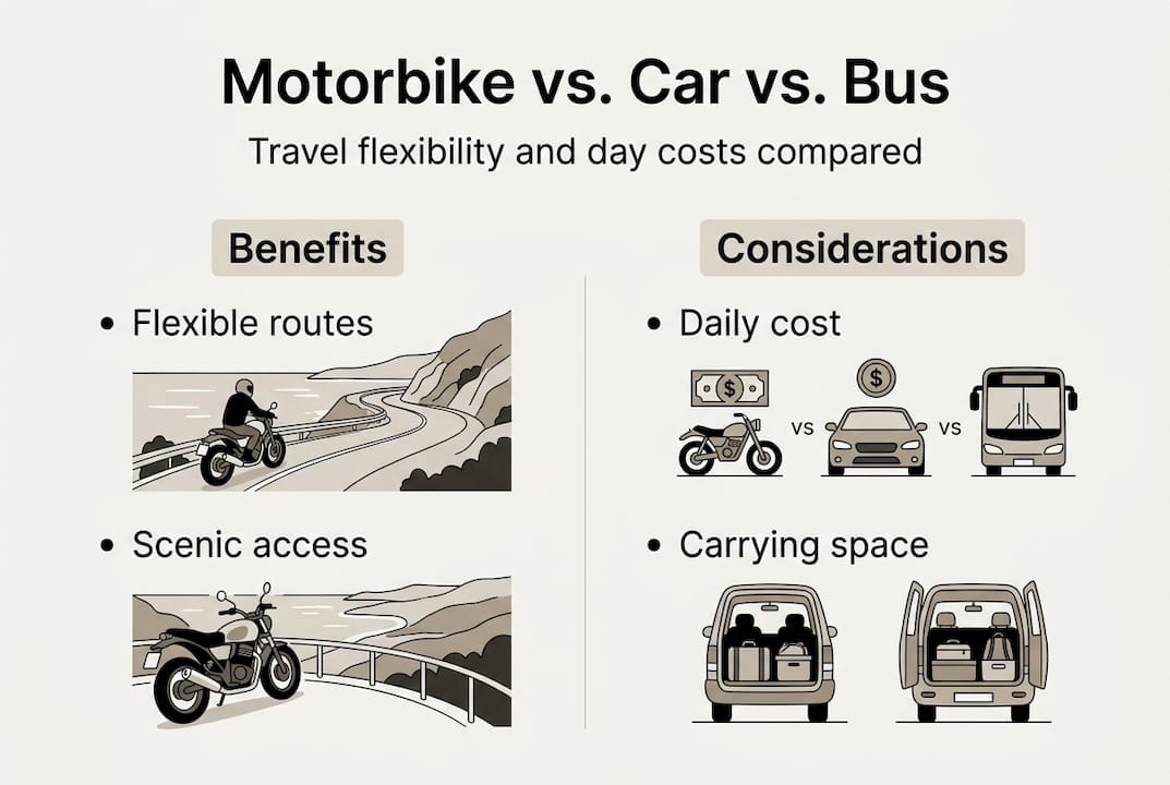 Infographic comparing motorbike, car, and bus travel