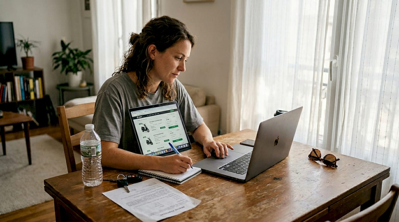 Woman compares rental scooters on laptop