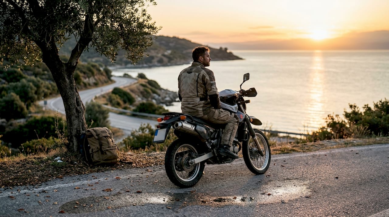 Rider enjoying sunrise by Aegean coast