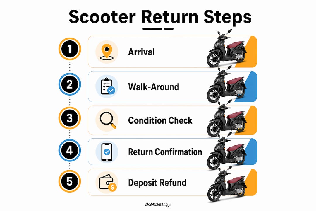 Infographic summarizing scooter return steps from arrival to refund