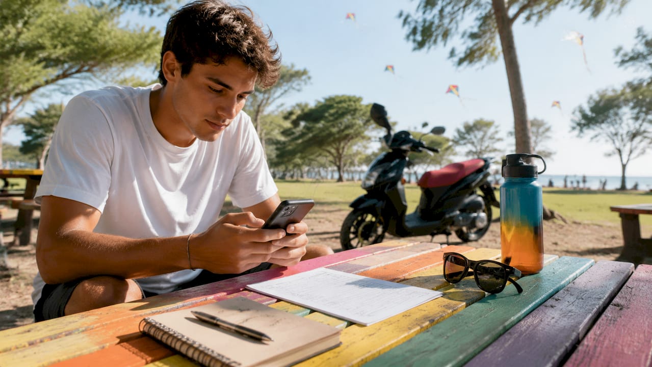 Traveler reviewing rental agreement and smartphone