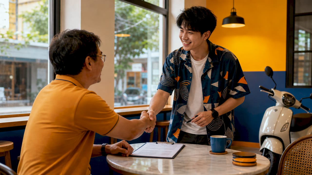 Landlord and tenant handshake at lease signing desk