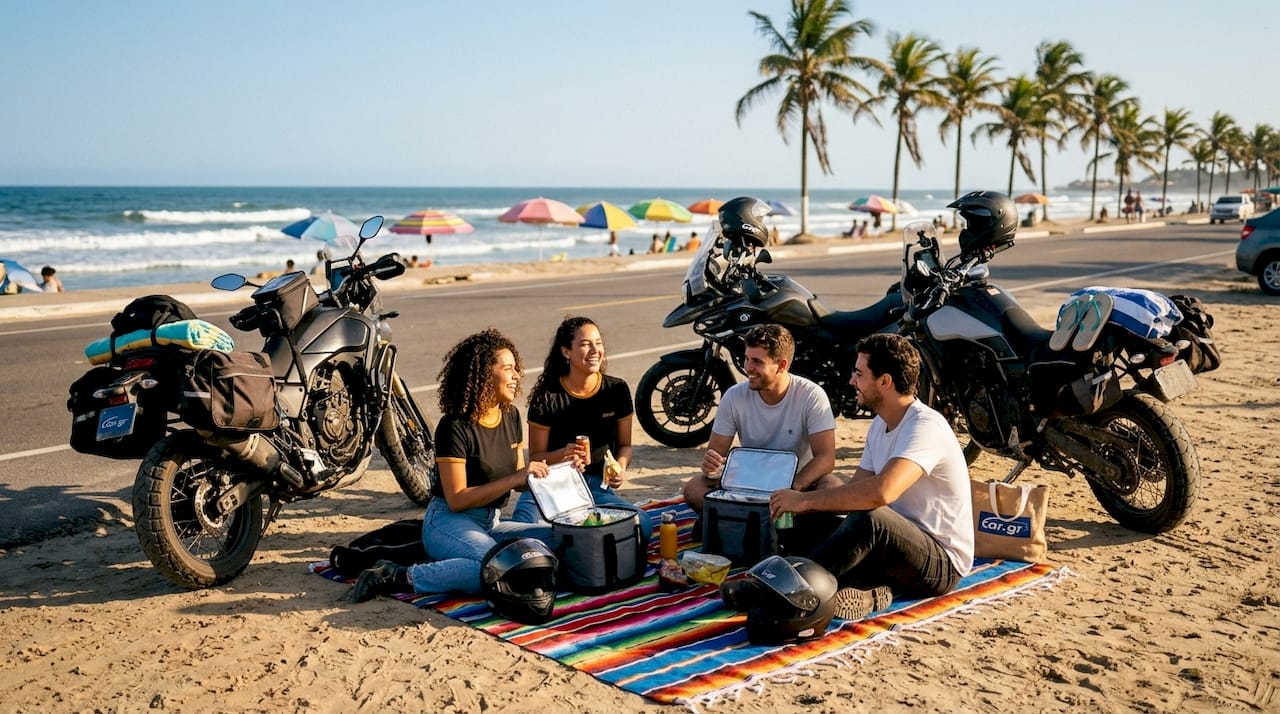 Group of motorbike riders resting roadside