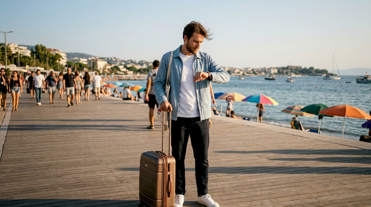 Man waiting with luggage for rideshare on sidewalk