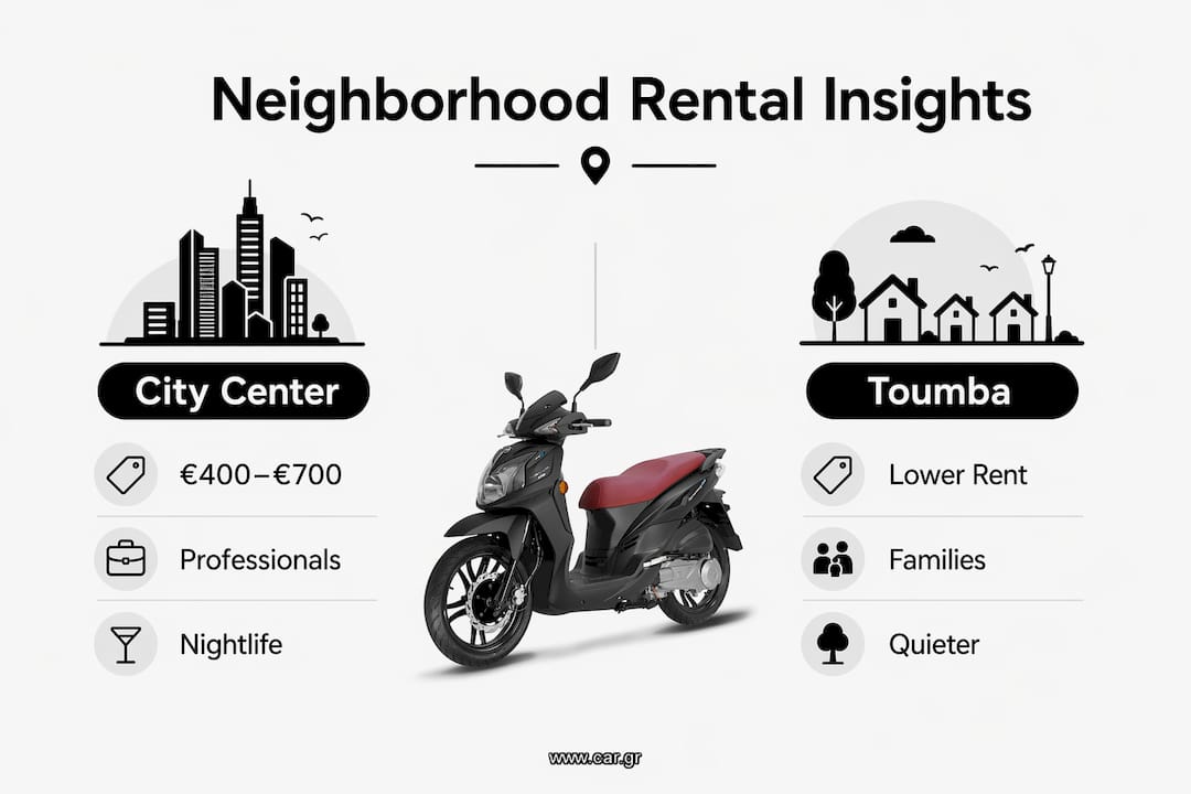 Infographic comparing Thessaloniki neighborhoods rental features