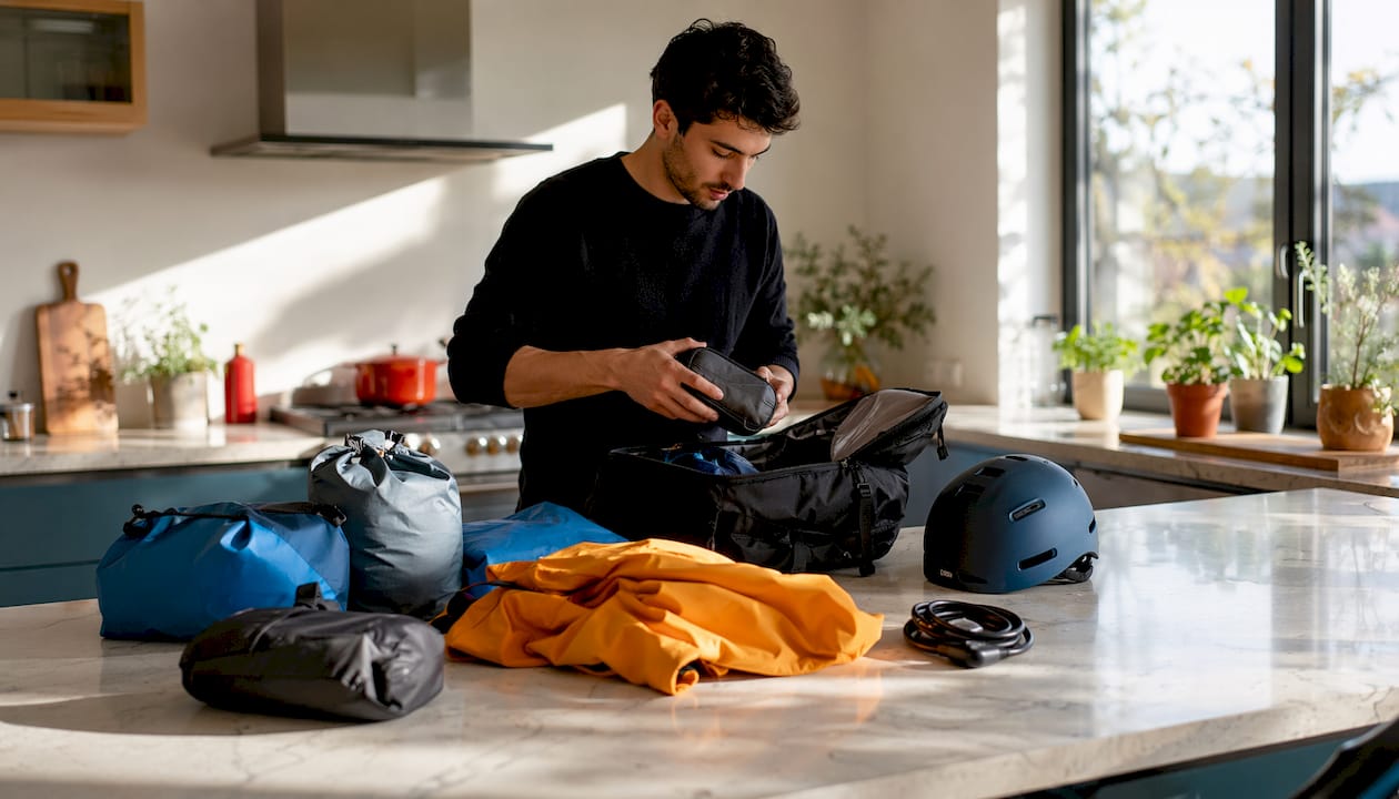 Packing scooter trip gear on table