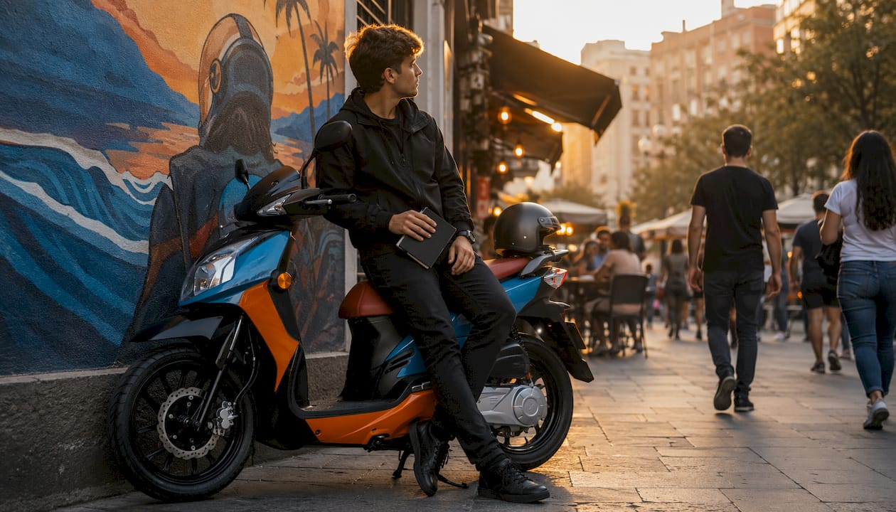 Motorcyclist reflecting thoughtfully outdoors