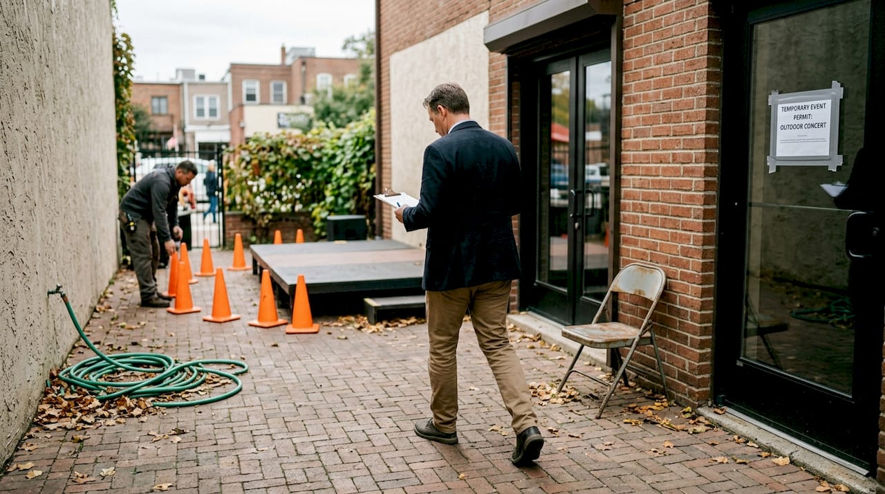 Venue manager checking fire safety setup outdoors