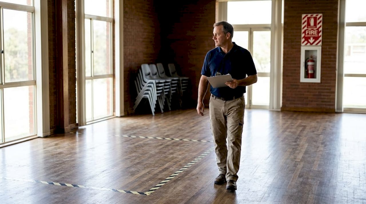 Inspector examining empty event venue for fire safety