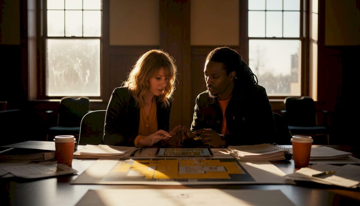 Event planner and performer discussing logistics at table