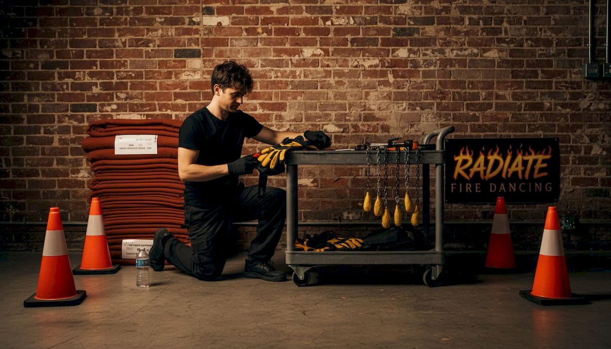 Fire performer setting up props backstage