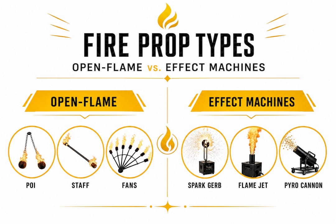 Infographic comparing open-flame props to effect machines