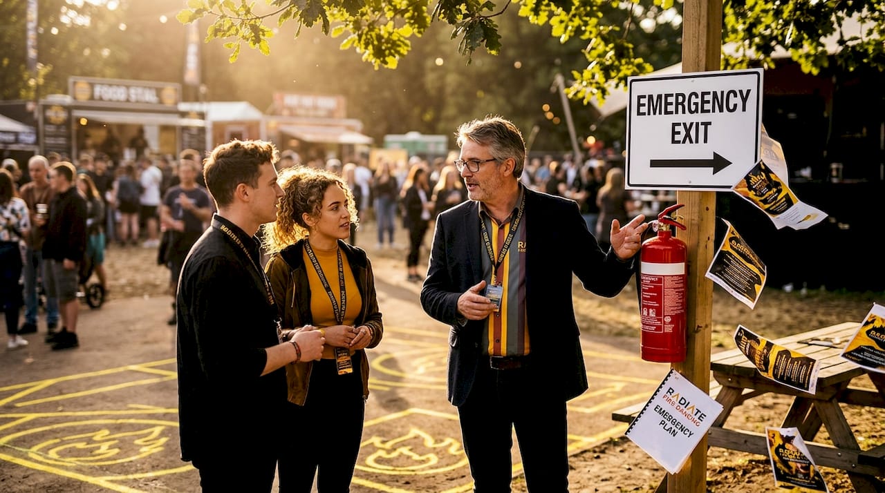 Safety officer instructs fire performers before show
