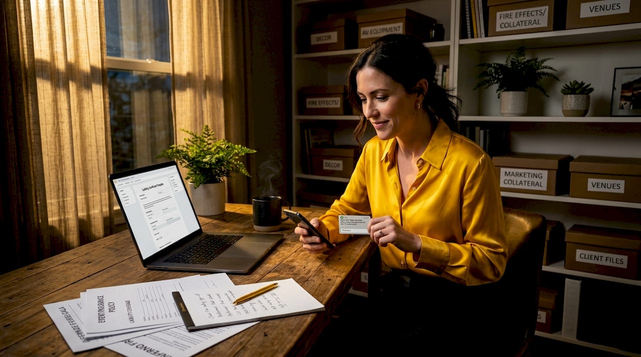 Event planner reviewing fire insurance paperwork