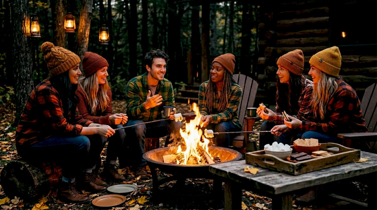 Adults gather around fire pit at dusk