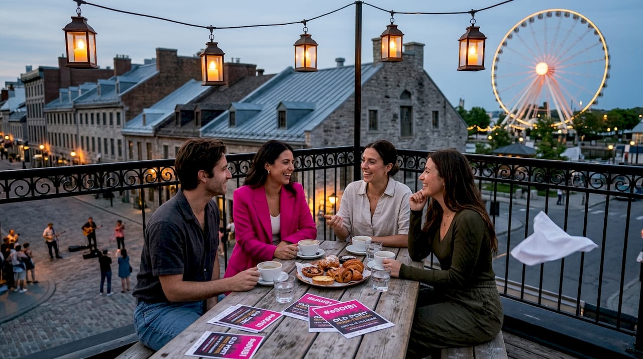 Friends on Montreal Old Port terrace at dusk