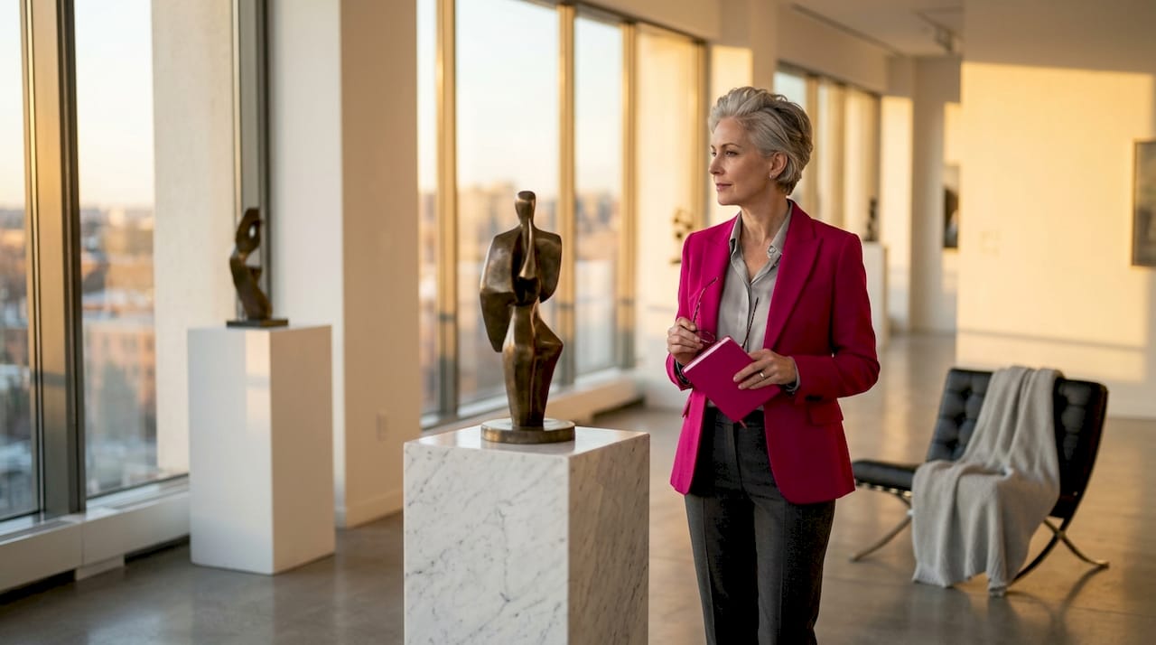 Woman reviewing sculpture in living room viewing