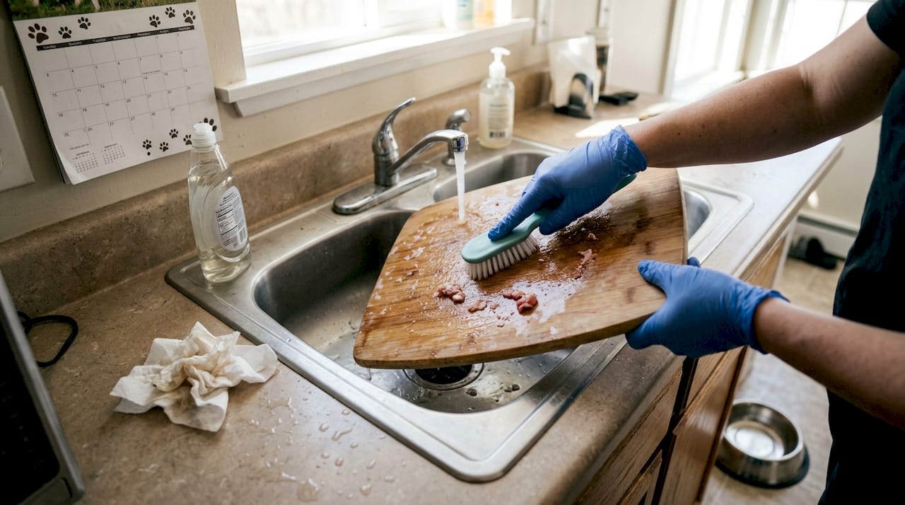 Hands cleaning dog food prep area