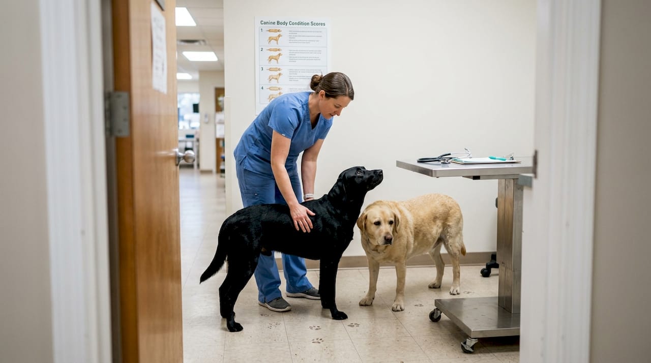 Vet compares body condition of two dogs