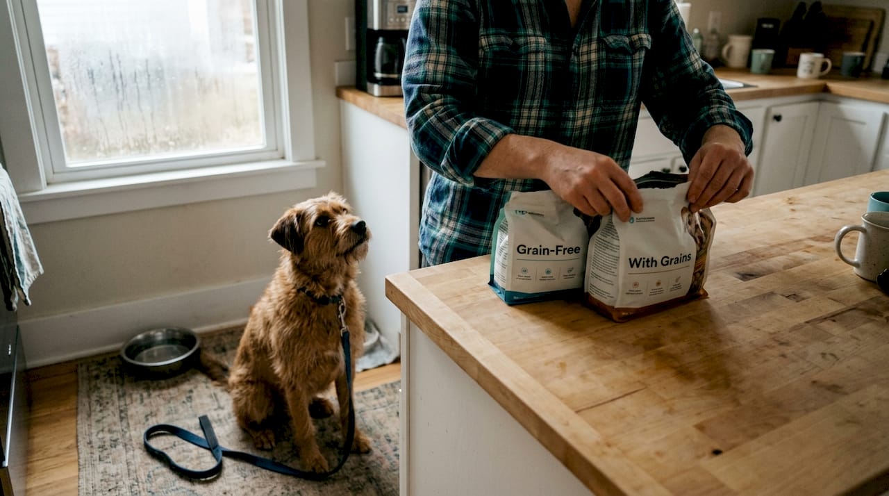 Owner comparing grain-free and regular dog food