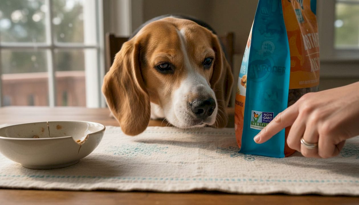 Dog food bag with Non-GMO seal and beagle