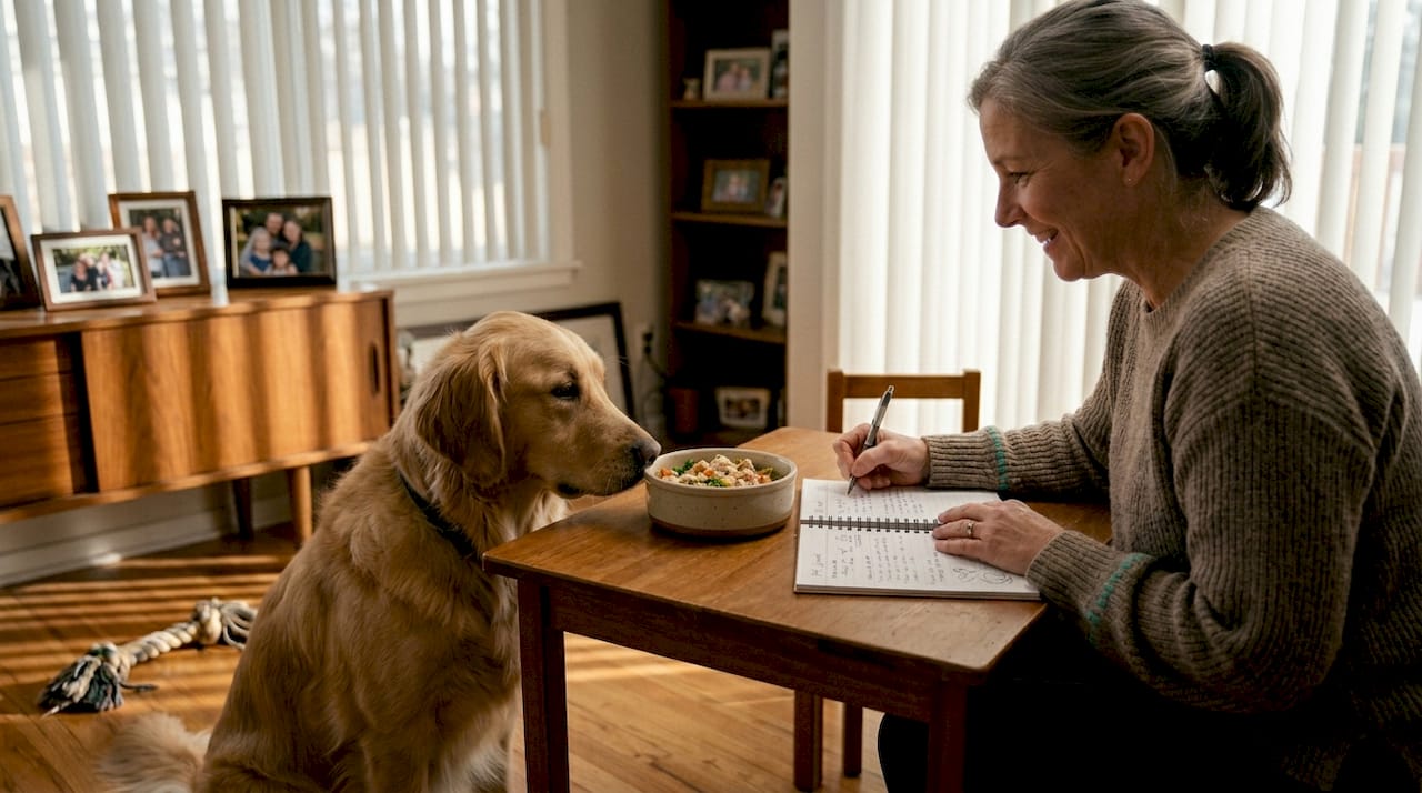 Dog and owner at home during fresh feeding