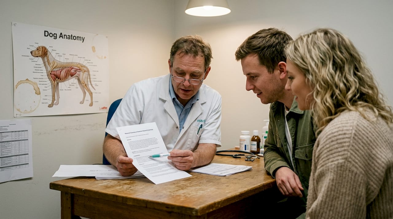 Vet discussing dog diet science with owners