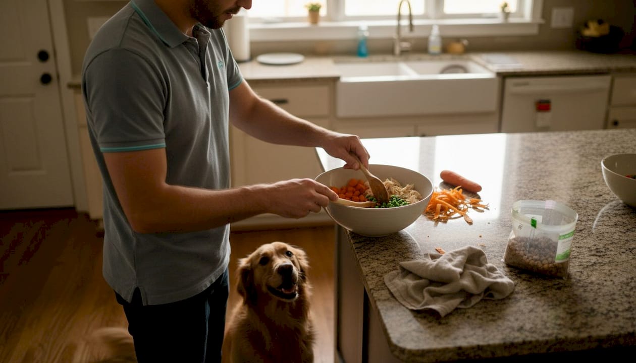 Homemade fresh dog food preparation scene