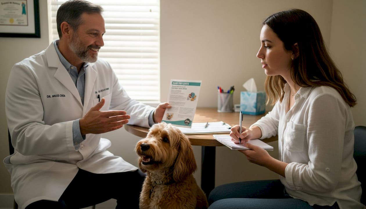 Veterinarian consulting owner about pet diet risks