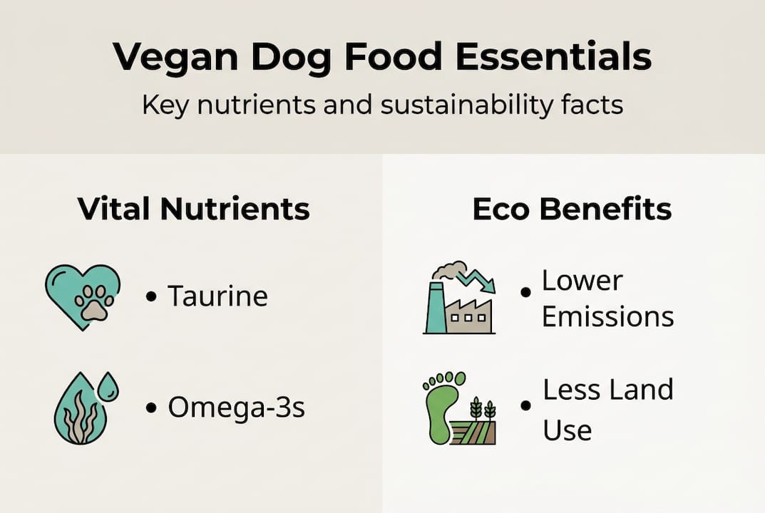 Infographic with vegan dog food nutrients and eco benefits
