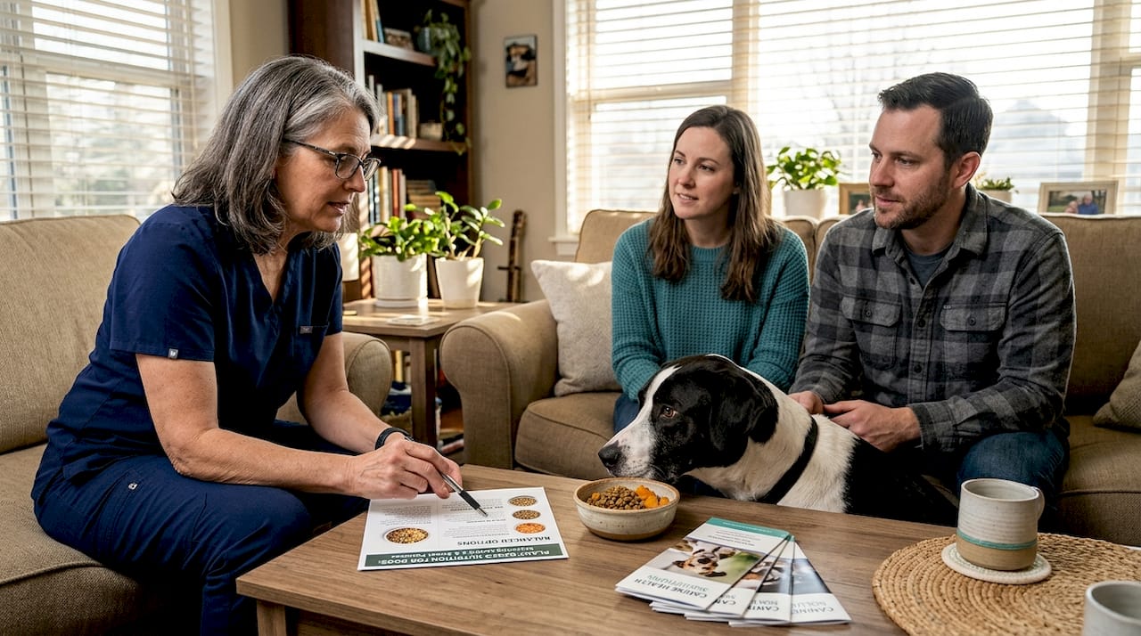 Vet advising on vegan dog nutrition at home