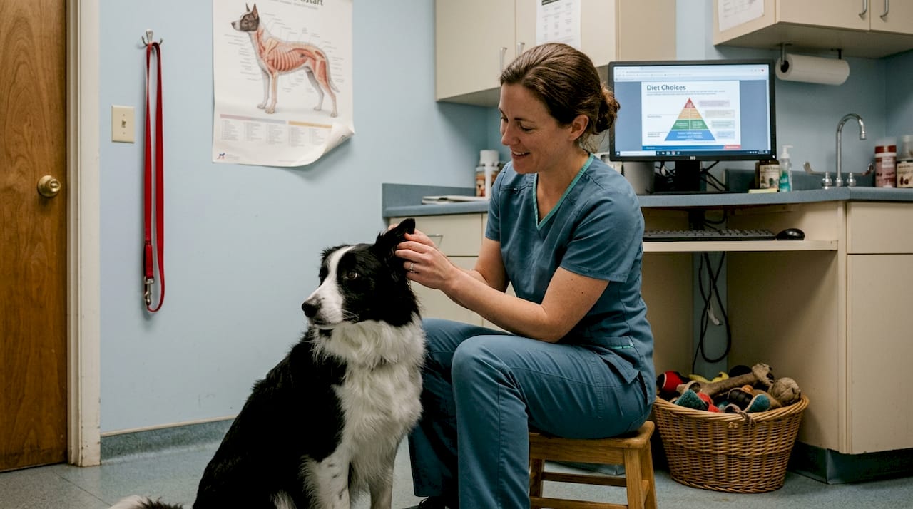 Veterinarian checks healthy dog’s coat in exam room