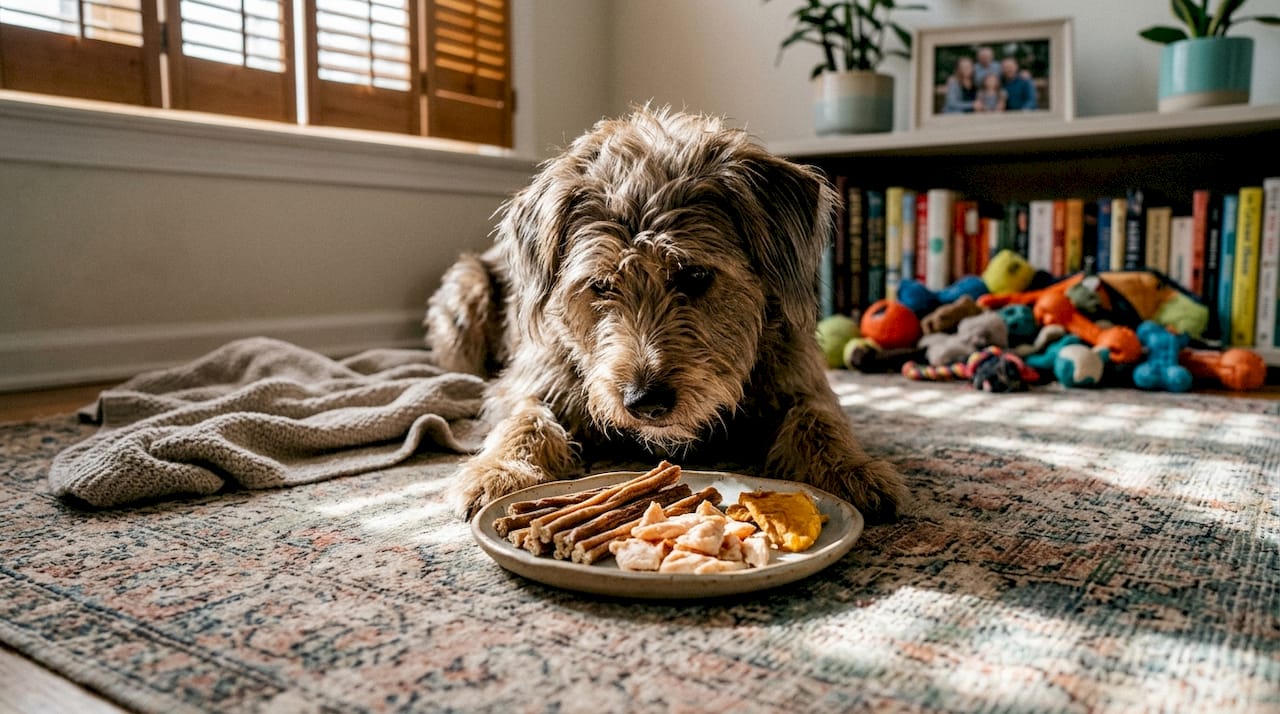 Dog investigating assorted healthy treats on rug