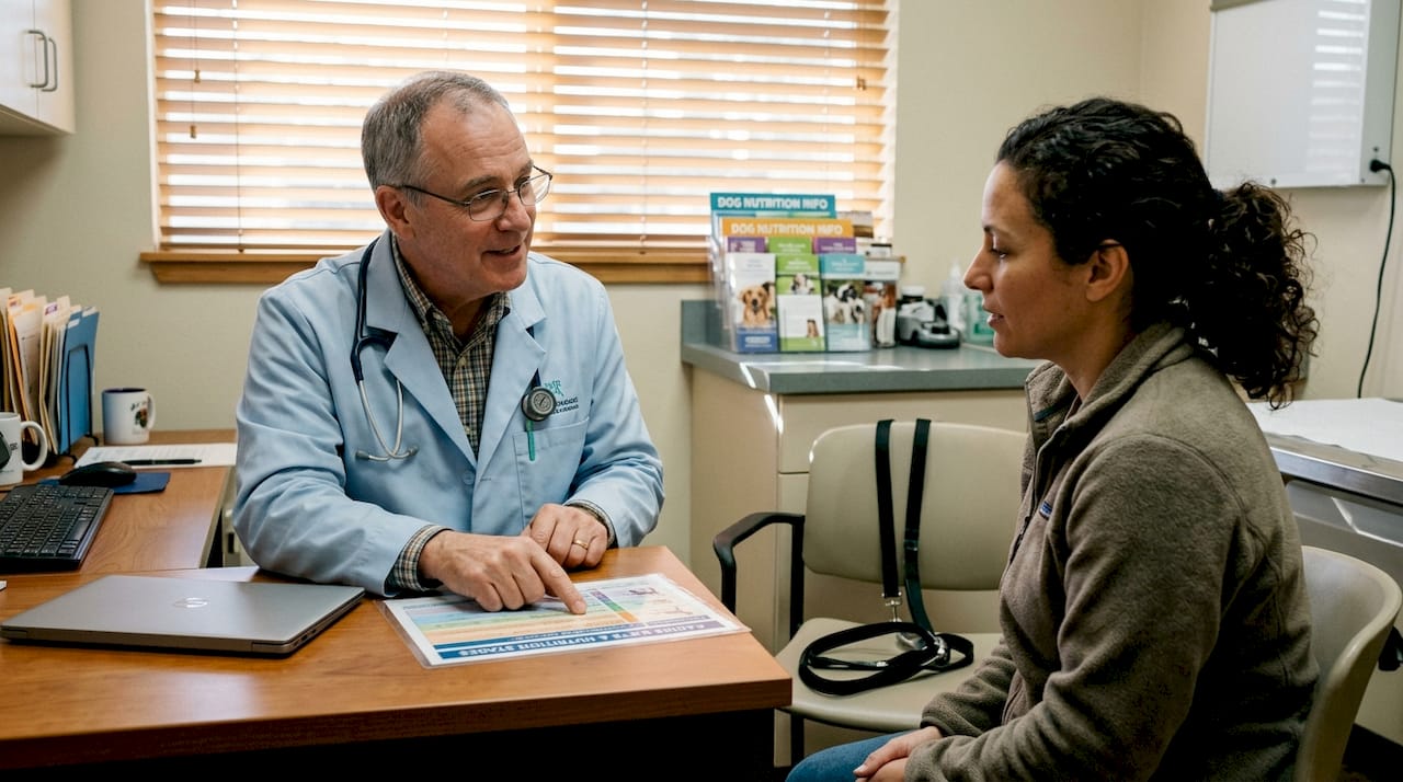 Vet discusses diet with dog owner