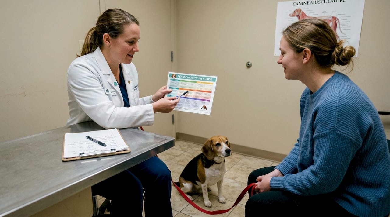 Veterinarian reviews nutrition chart with owner and dog