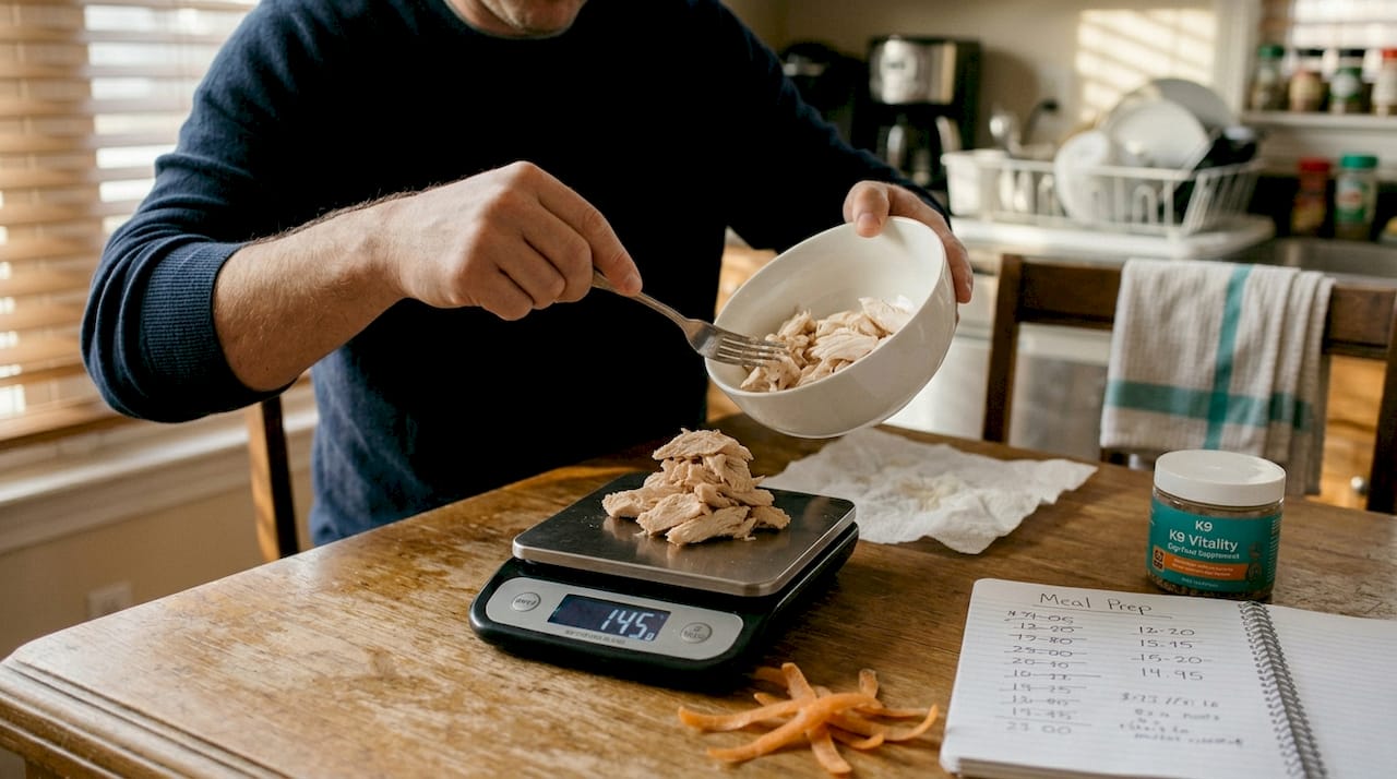 Weighing pet food ingredients on kitchen scale