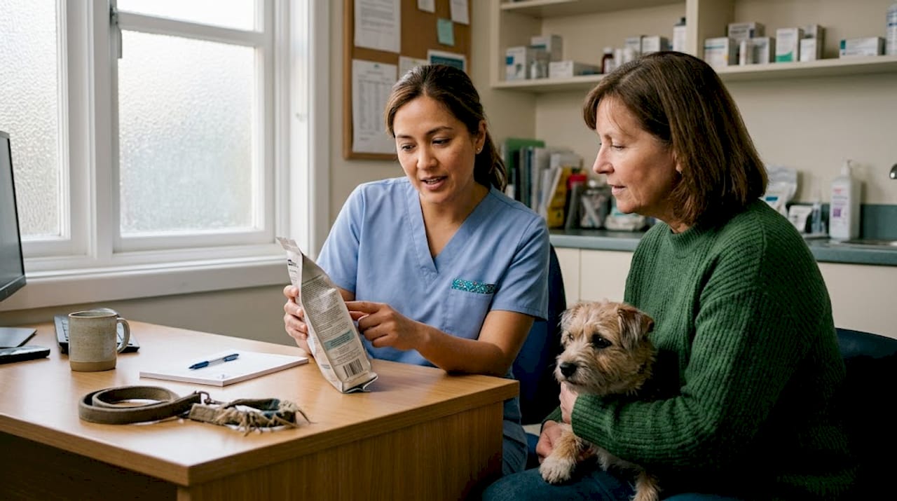 Vet advising owner on hydrolyzed dog food