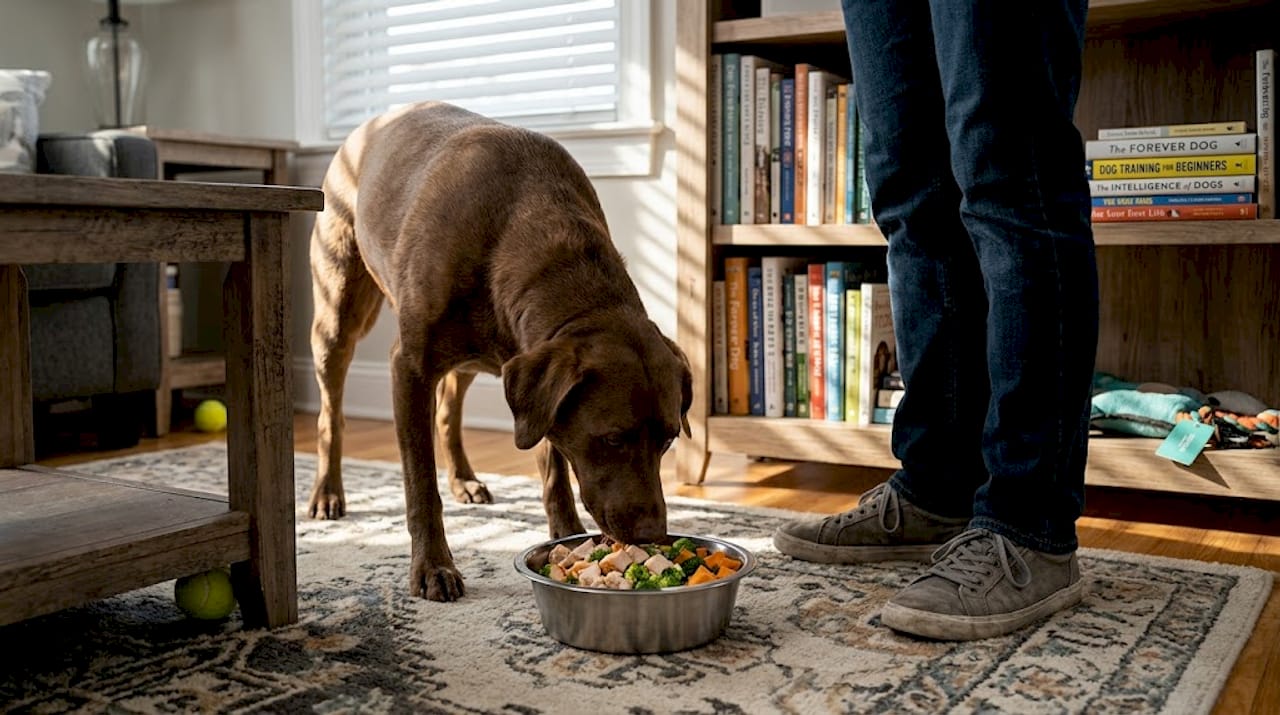 Dog eating balanced meal in living room
