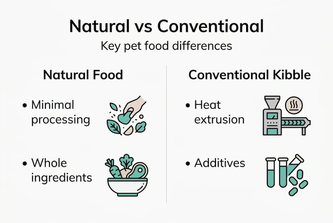 Infographic comparing natural vs conventional pet food