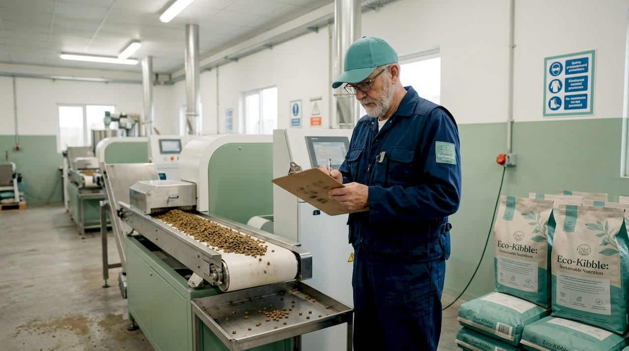 Technician monitors dog food production machines