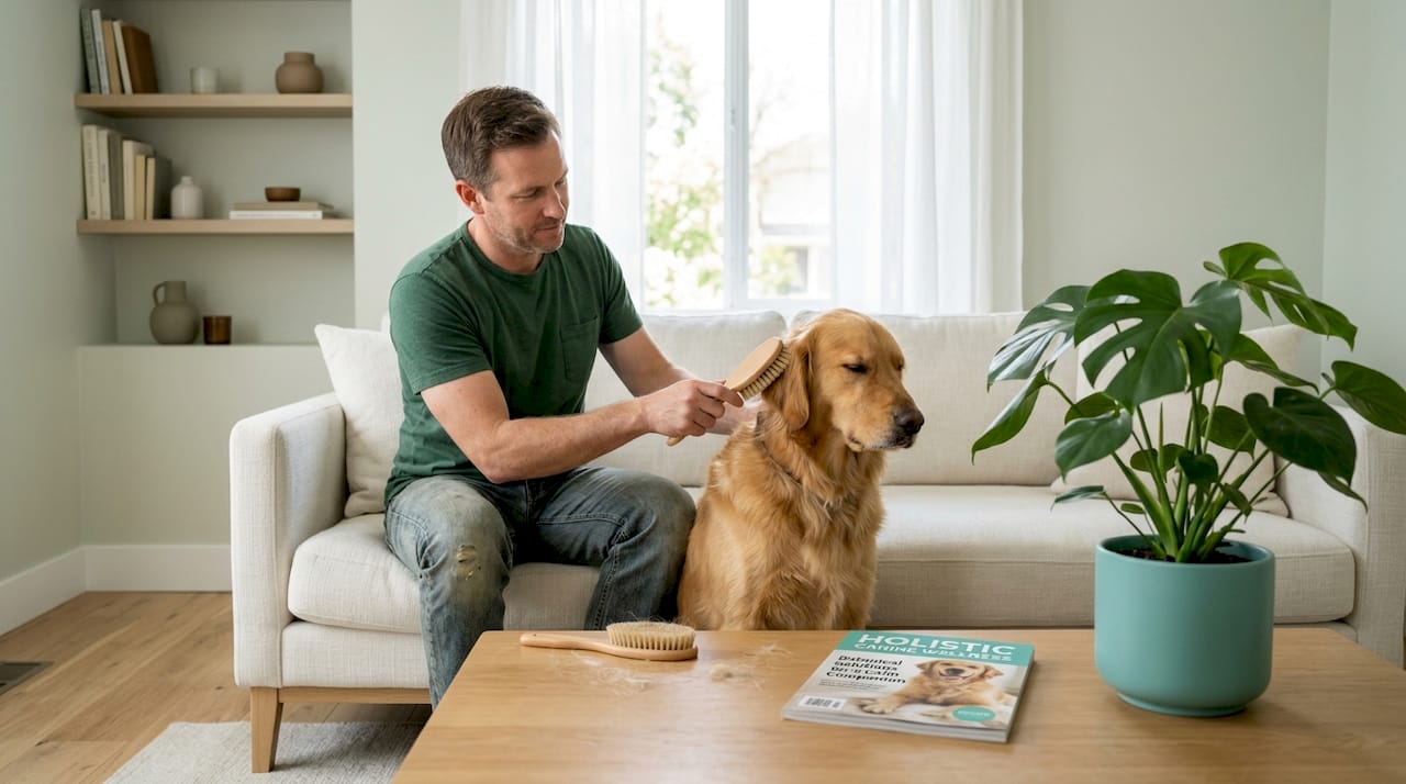 Owner brushing golden retriever’s shiny coat