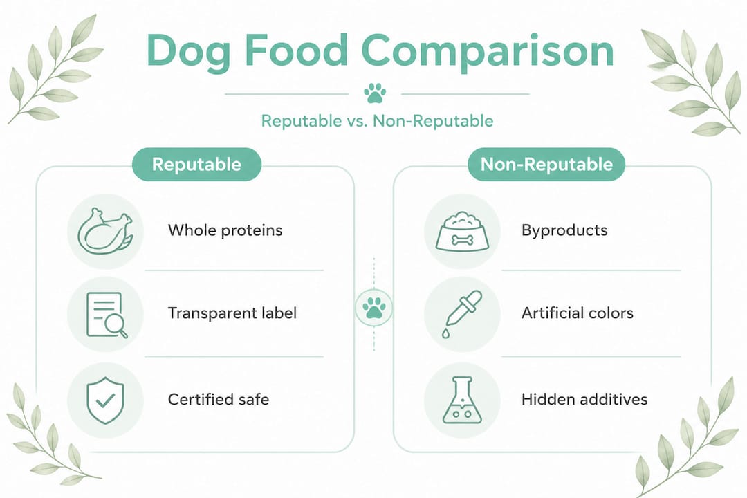 Infographic comparing reputable and non-reputable dog food