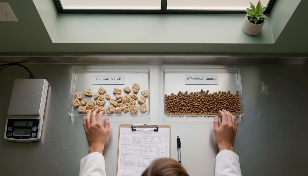 Scientist comparing freeze-dried food and kibble