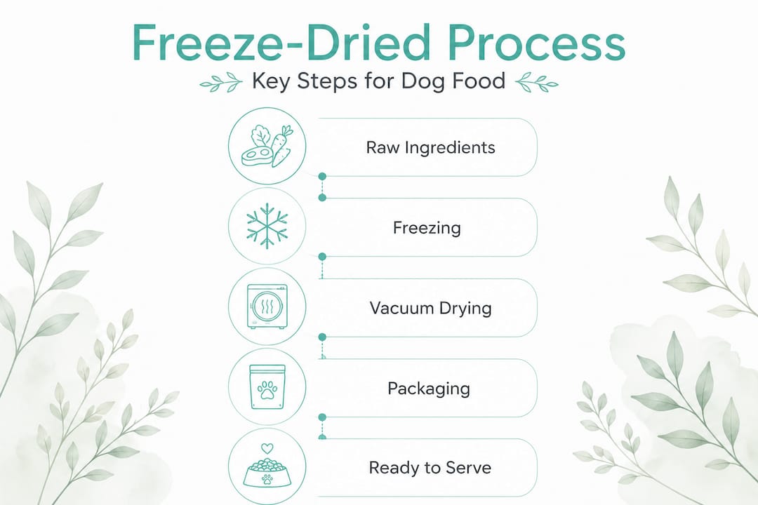 Infographic of freeze-dried dog food process steps
