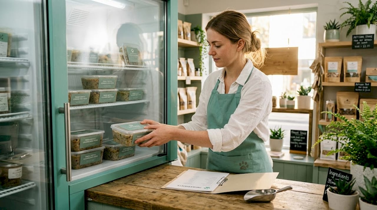Fresh gently cooked dog food stocked in fridge