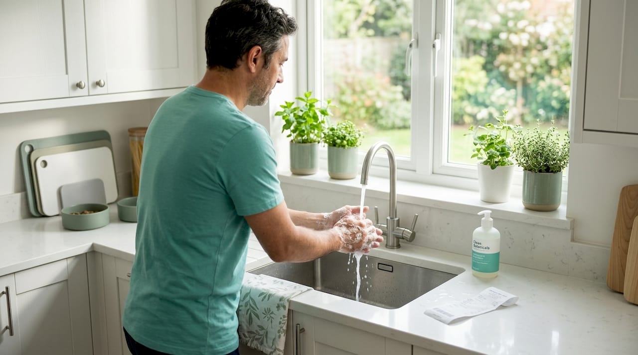 Man washing hands with pet food supplies nearby