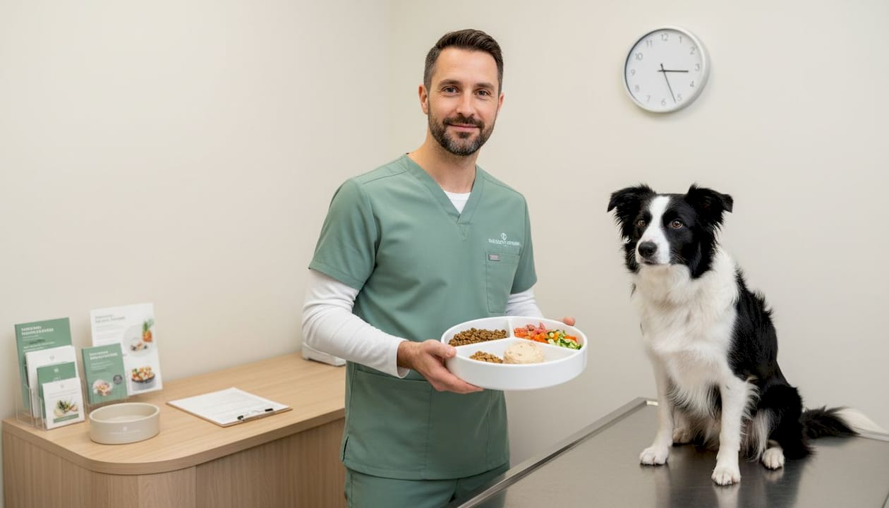Veterinarian displaying dog food types in exam room