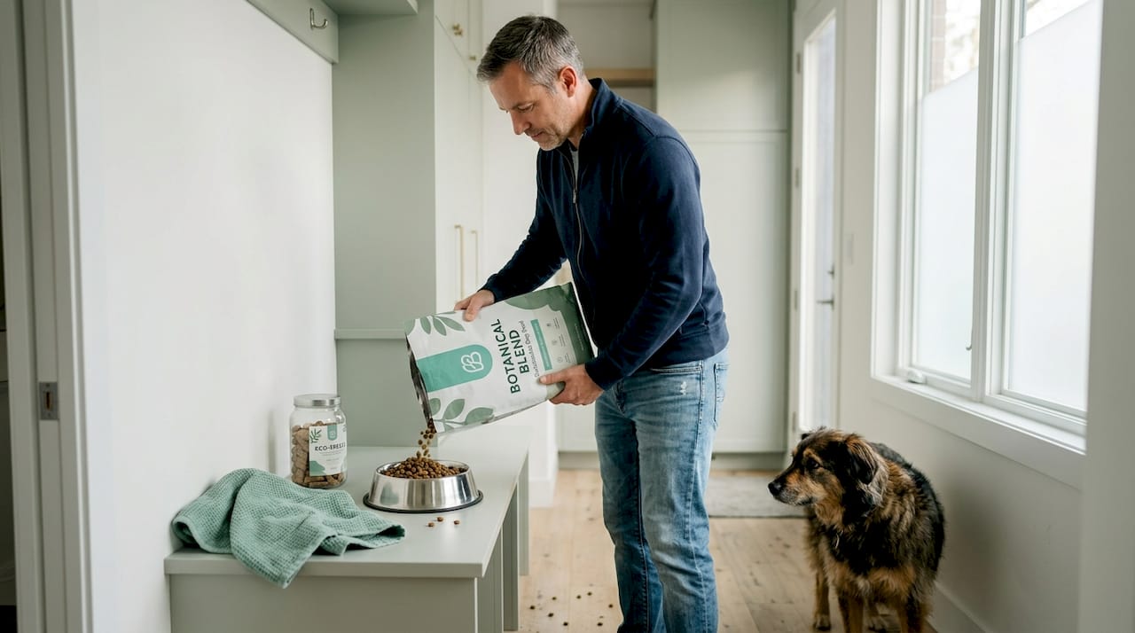 Man pouring dry kibble into dog bowl