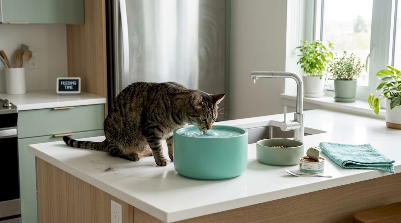 Cat drinks from water fountain in kitchen