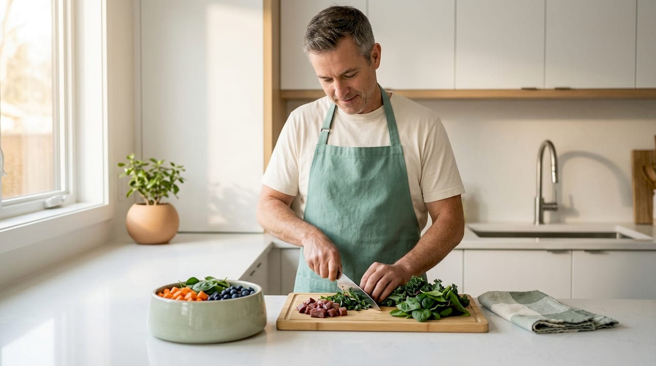 Dog meal prepared with fresh healthy ingredients